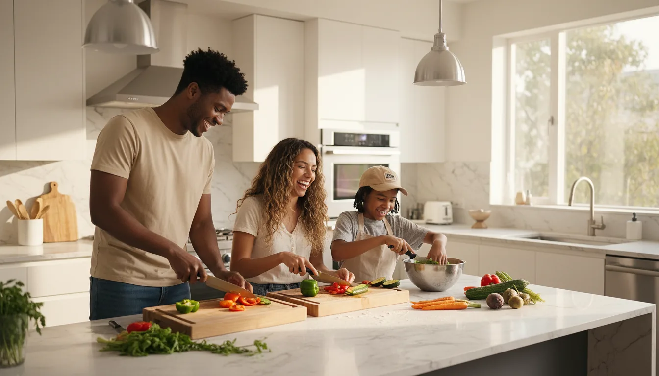A family enjoying the process of preparing dinner together