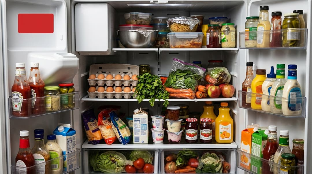 Half-used groceries and spoiled leftovers crowding a fridge shelf