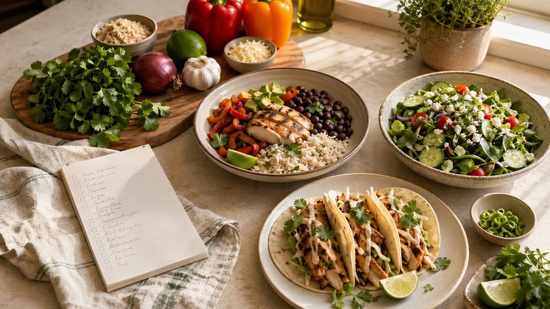 A week of chicken tacos, rice bowls, and salad planned around shared ingredients