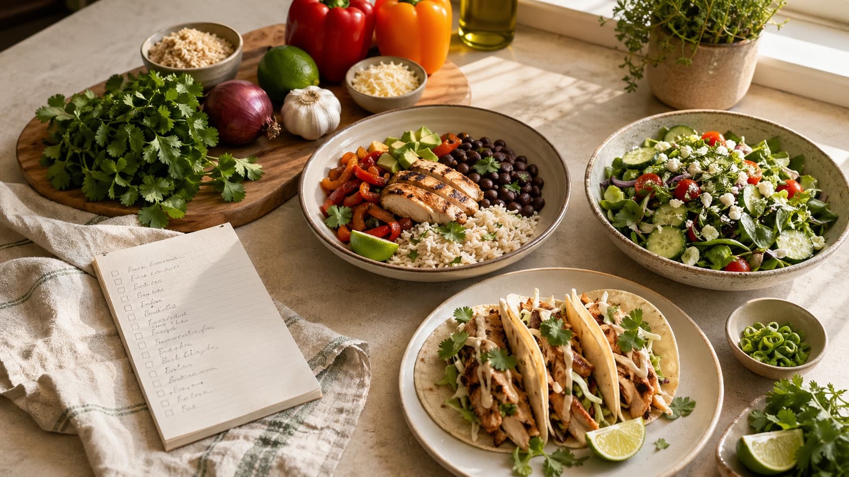 A planned week of tacos, rice bowls, and salad built from shared ingredients
