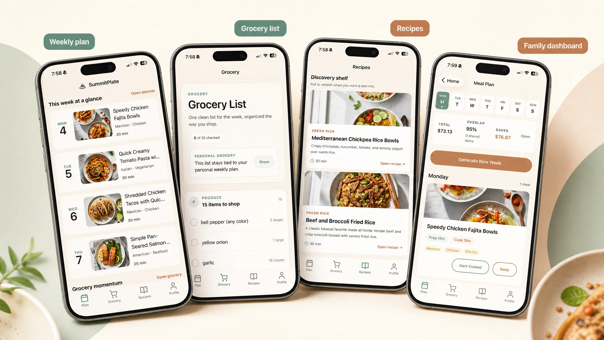 SummitPlate weekly meal plan and grocery-list proof