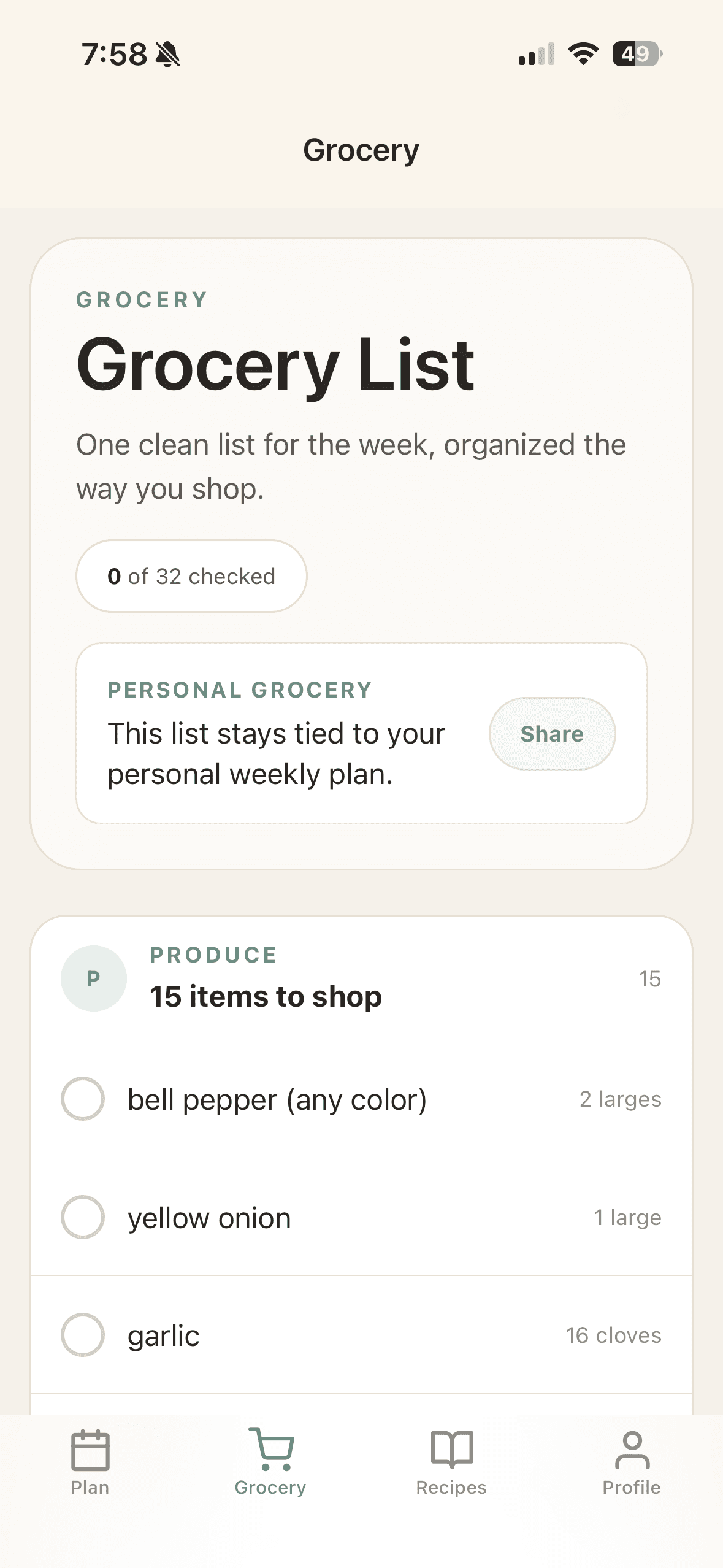 SummitPlate grocery list screenshot