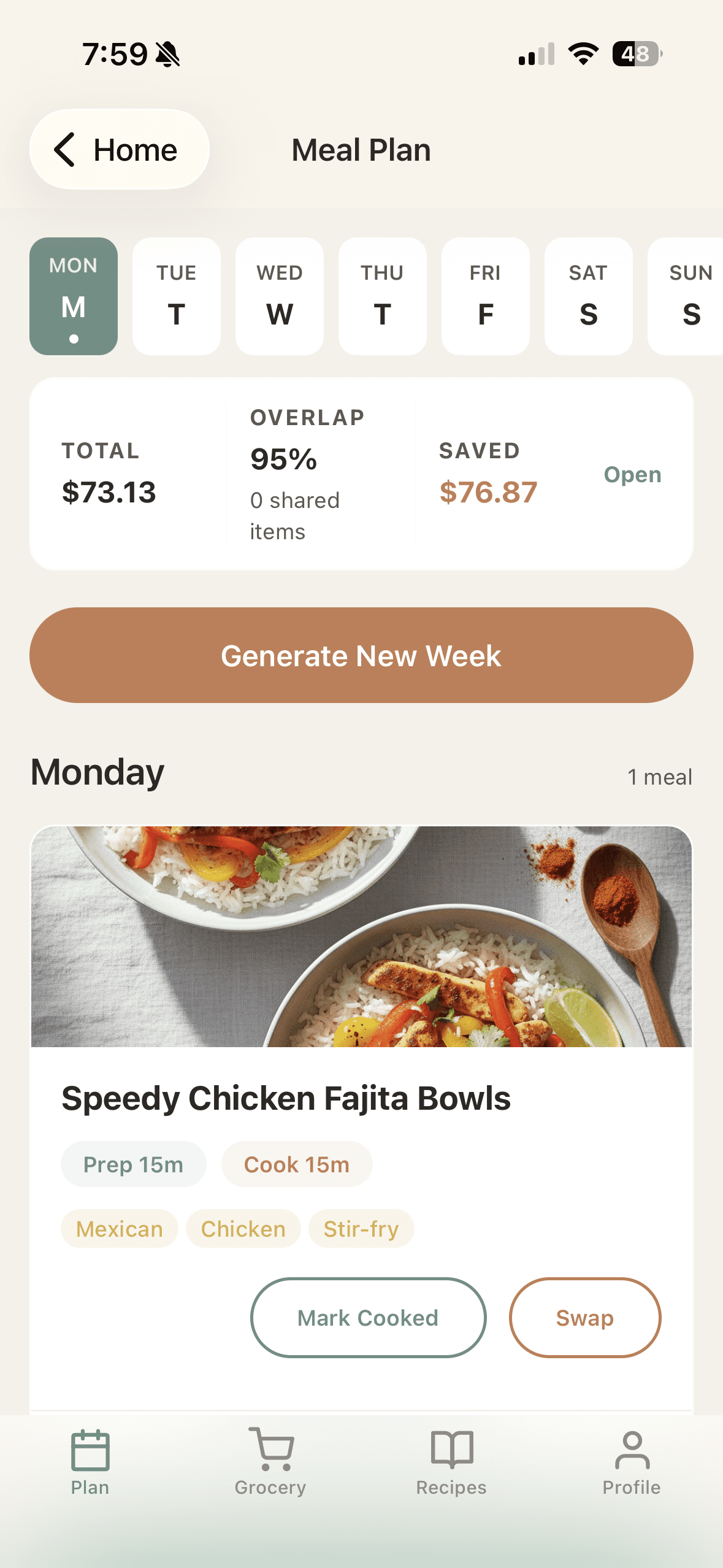 SummitPlate generated dinner plan screenshot