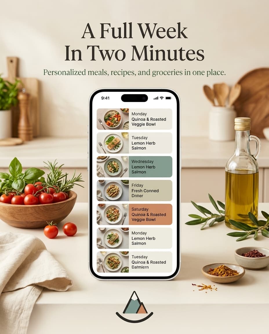 SummitPlate app mockup showing a full week of AI meal planning in two minutes