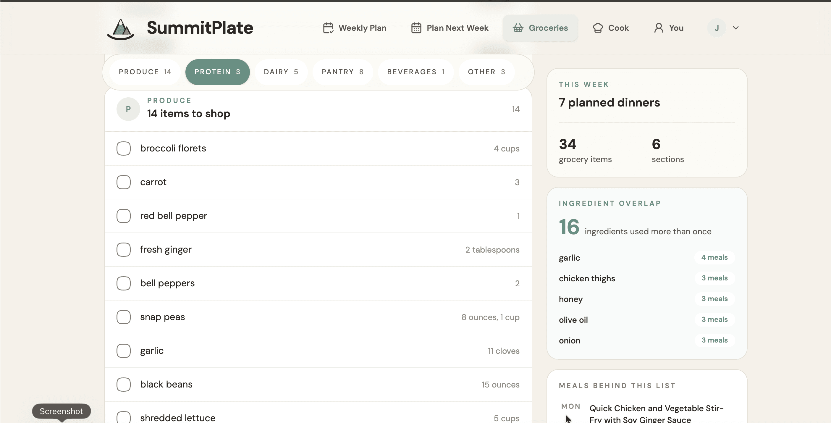 SummitPlate grocery list with produce quantities and ingredients shared across dinners
