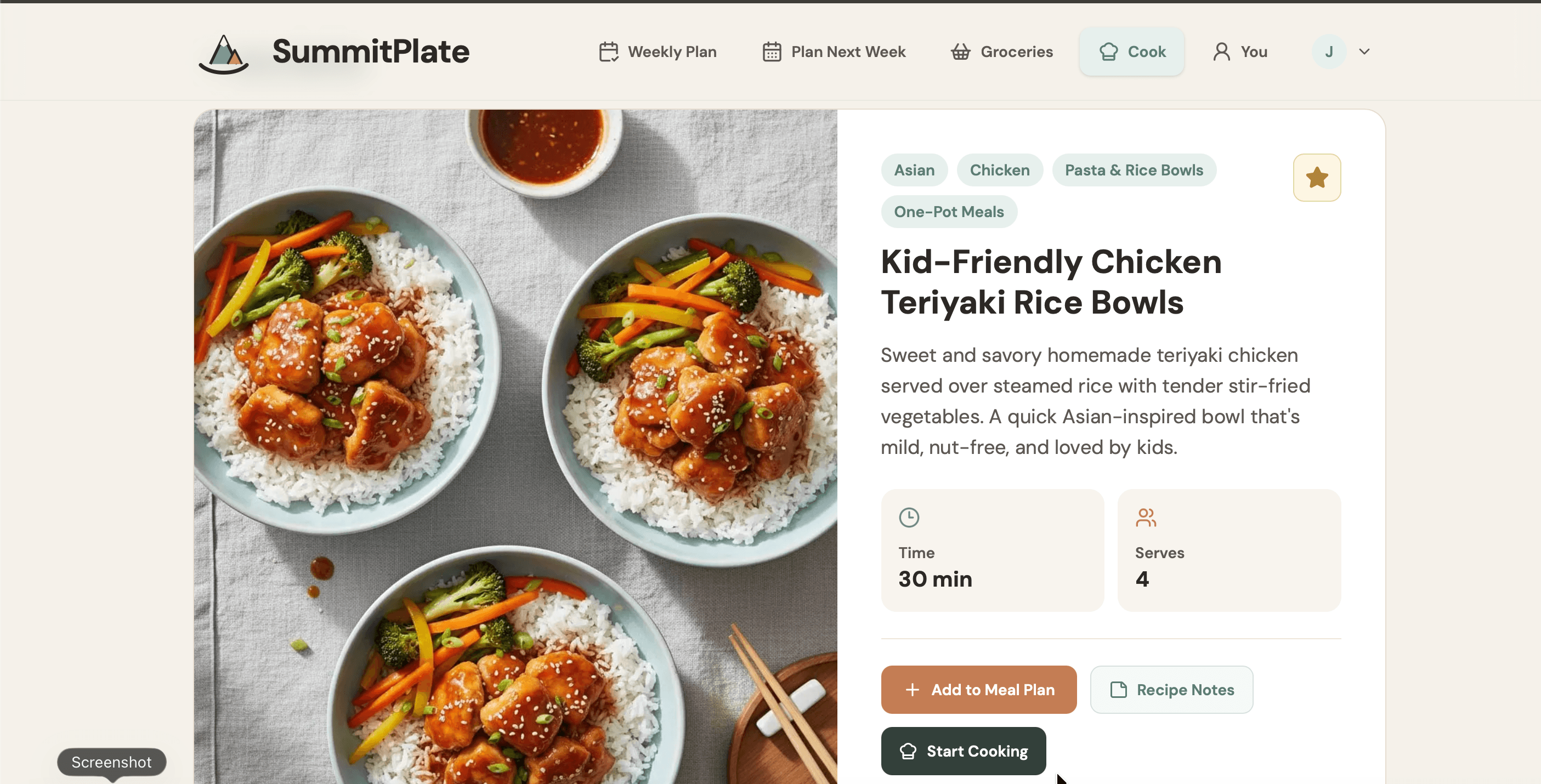 SummitPlate chicken teriyaki rice bowl recipe overview with cooking time and serving count