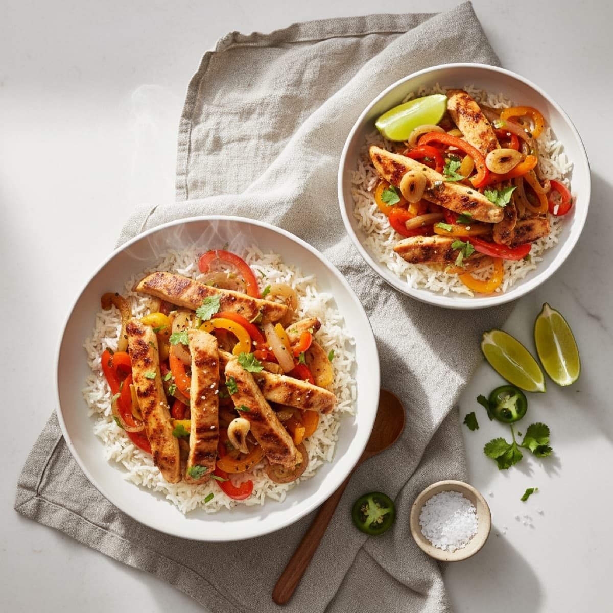 Quick chicken fajita bowls with peppers, onion, and rice