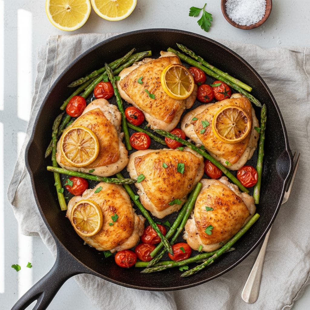 One-pan lemon chicken thighs with asparagus and cherry tomatoes