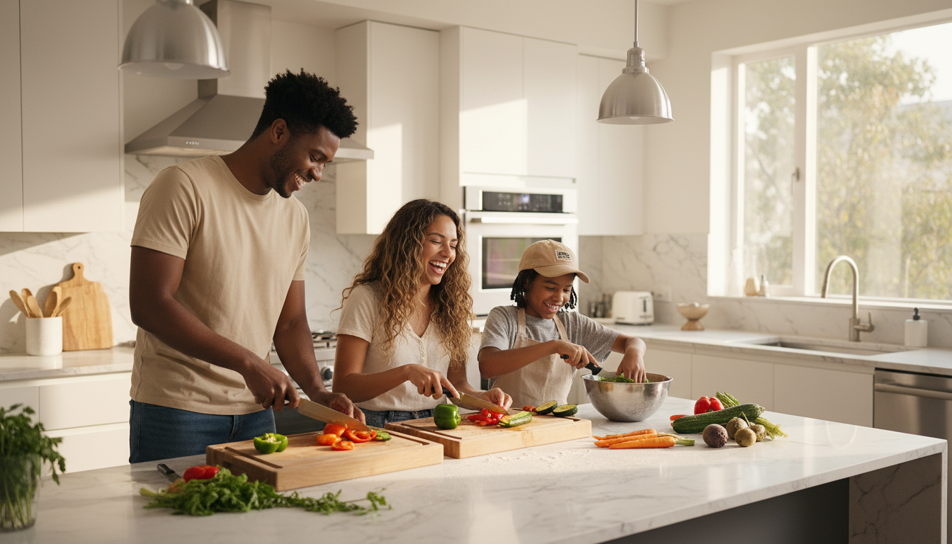 Family cooking dinner together in a warm kitchen