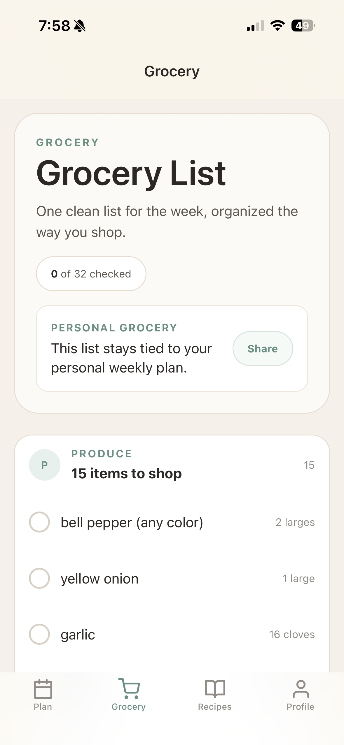 SummitPlate grocery list preview for a weekly dinner plan
